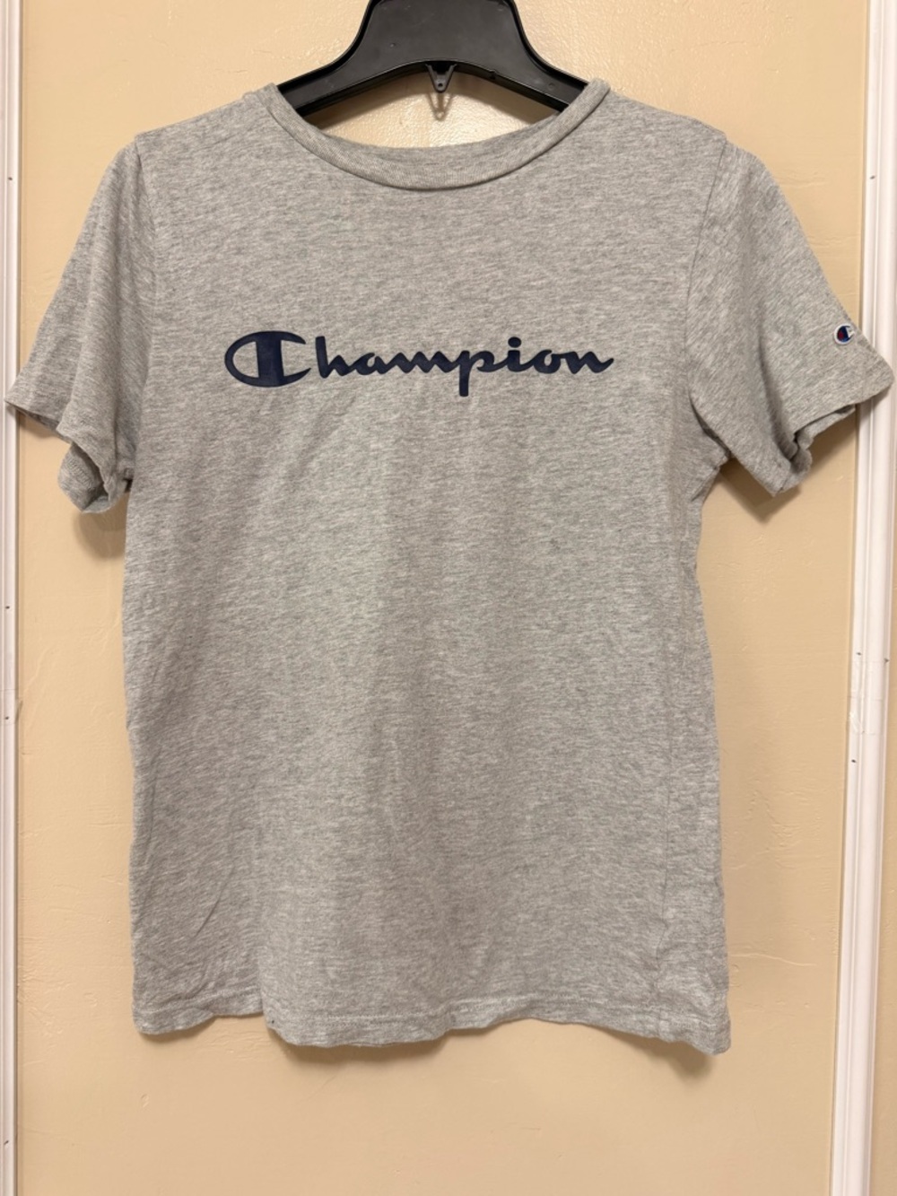 Champion Heather Gray Tee with Navy Logo and Red Accent